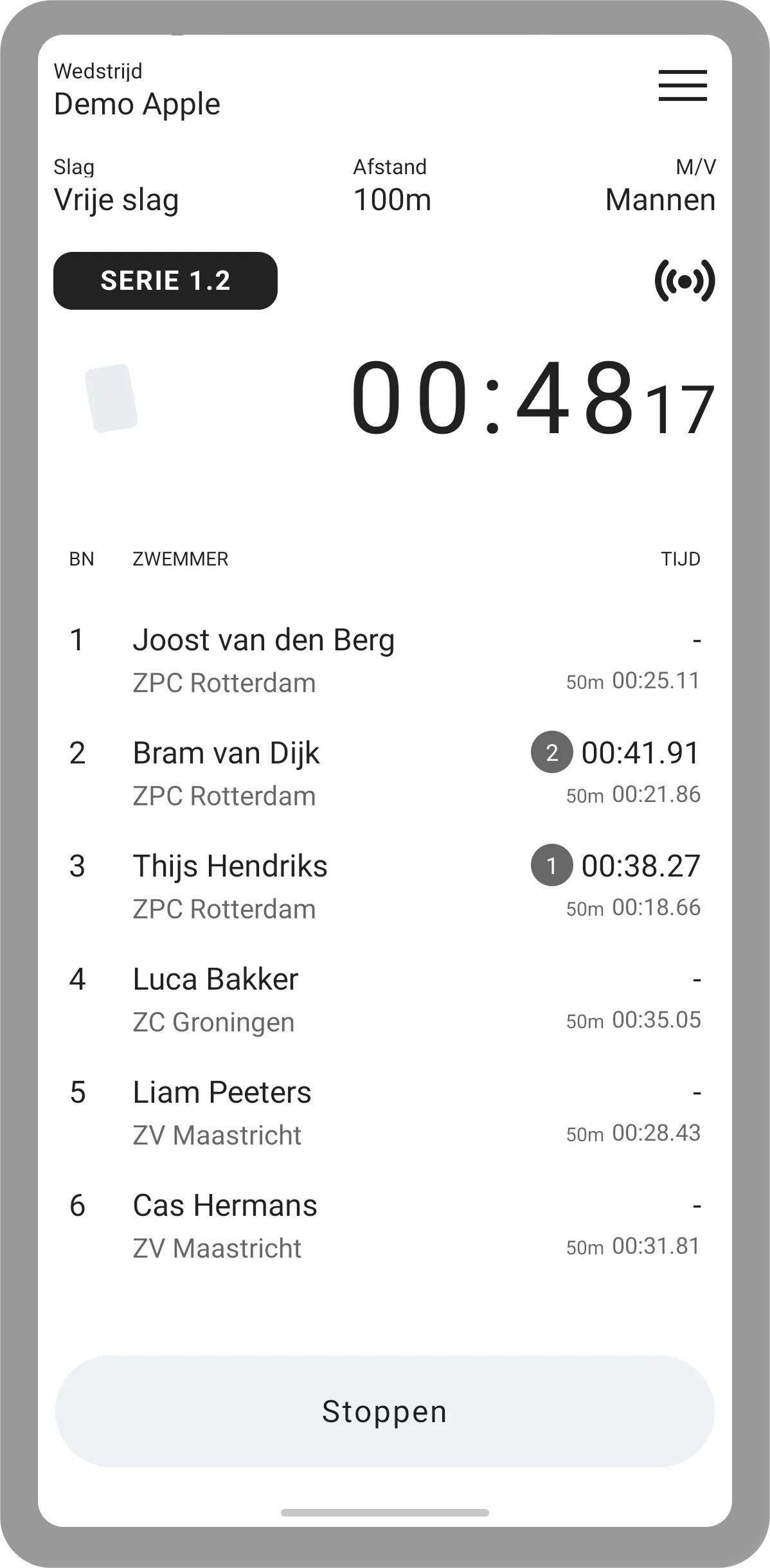 Lopende wedstrijd in KNZB Compete app