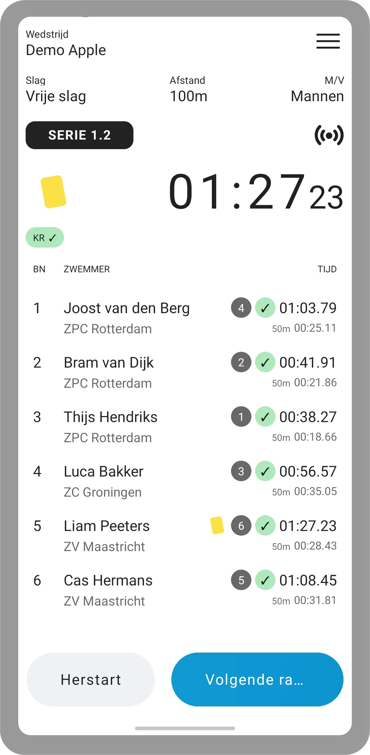 Afgeronde wedstrijd in KNZB Compete app